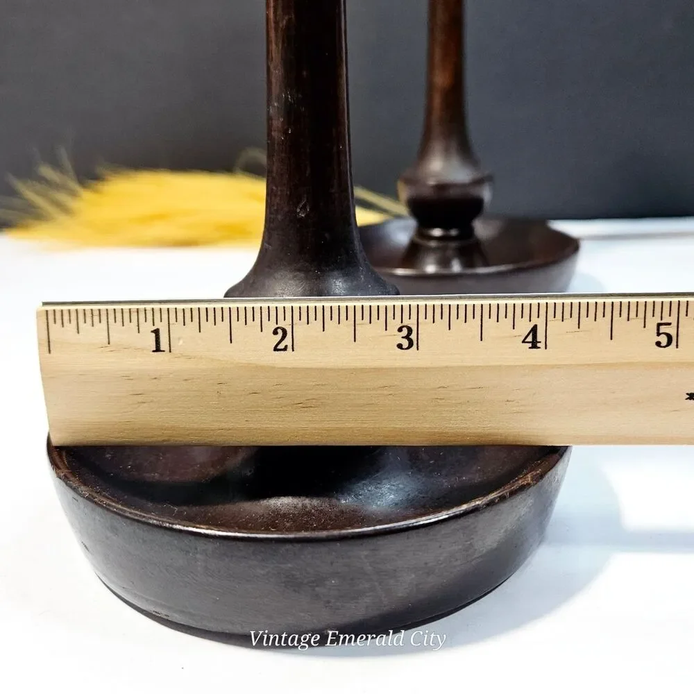 Vtg Candle Holders Turned Wood Set of 2 Brass Inserts Felted Base 9 inch READ